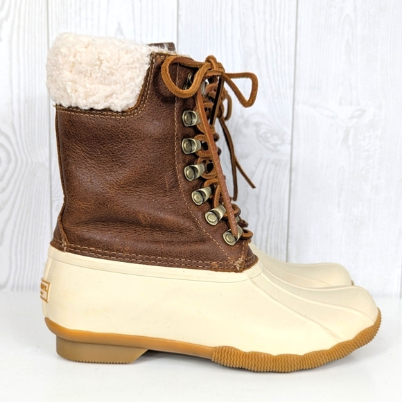 Sperry Tall Saltwater Duckboots Women's Size 6 Top Sider Brown Leather and Cream - Picture 8 of 14